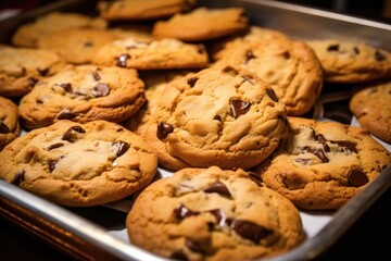 close-up of a tray full of fresh chocolate chip cookies