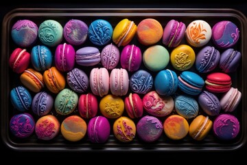 Fototapeta na wymiar a baking tray filled with colorful macarons