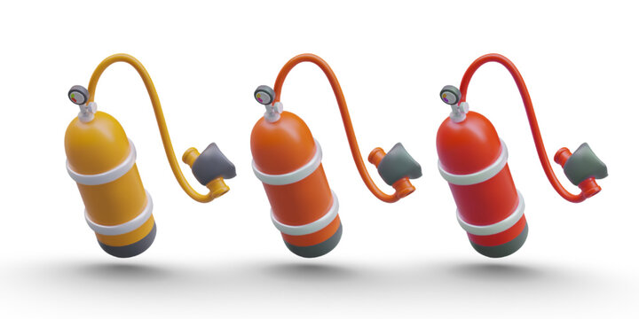 Yellow, orange, red balloon for scuba diving. Compressed oxygen in metal container. Icons for sports equipment store. Illustrations for tourism business