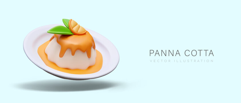 Panna cotta with citrus syrup. Italian dessert serving with orange topping. Cold creamy jelly with bright orange decoration. Vector banner in realistic style