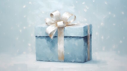水色のプレゼントボックスの油絵_2　Generative AI