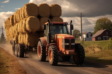 a tractor pulling a trailer loaded with bales of hay and squash