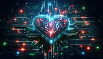 St' Valentine's day February 14th background with heart in a form of printed board demonstrating future high tech and AI influence on human life and love sphere