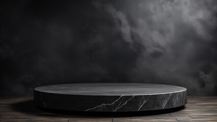 Round marble empty display platform in front of black vintage tile background