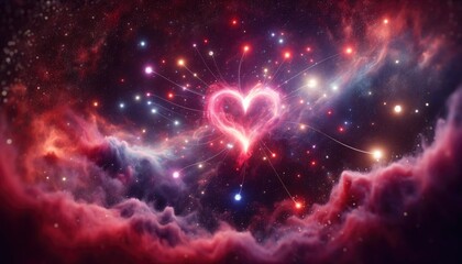 Abstract artisitc St' Valentine's day February 14th background with heart shaped by cosmic winds and neurolink neuron connection to outer space emanating love to the universe