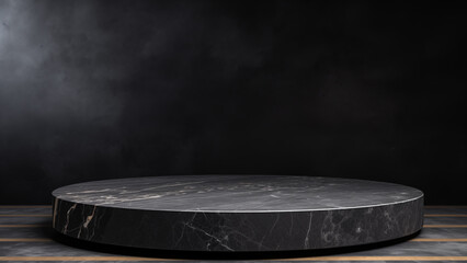 Round marble empty display platform in front of black vintage tile background