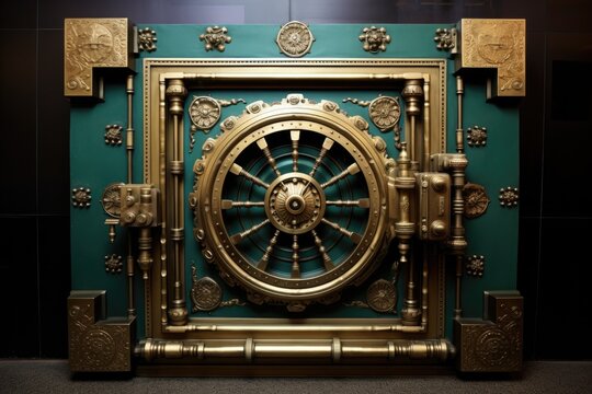 a vintage bank vault door with ornate design elements