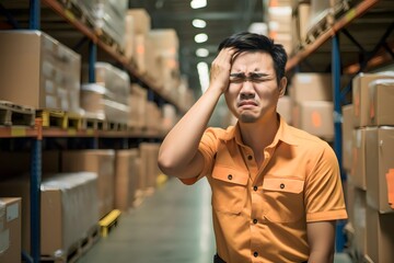 Stressed tired male staff working in warehouse