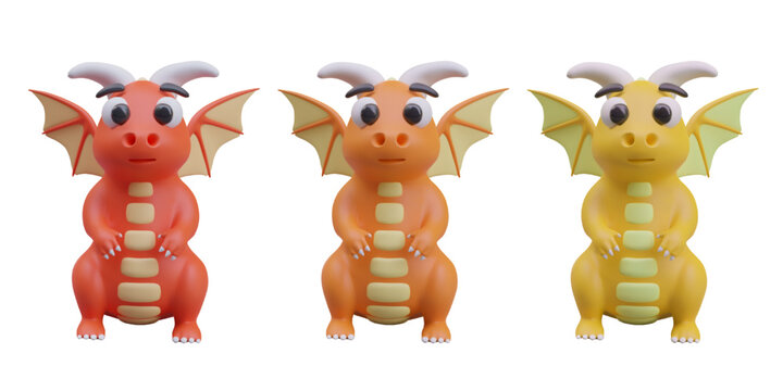 Collection with small red, orange and yellow dragon with wings on white background. Models for game. Attribute and Chinese totem. Vector illustration in 3D style