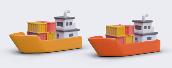 Collection with orange and yellow boats carry cargo. Tanker with different containers on board. Vector illustration in 3D style with gray background and shadow