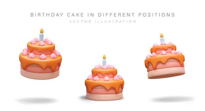 3D birthday cake with candle. Luxurious creamy dessert. Festive pastries with glaze. Confectionery menu. Color vector cake in different positions. Isolated images