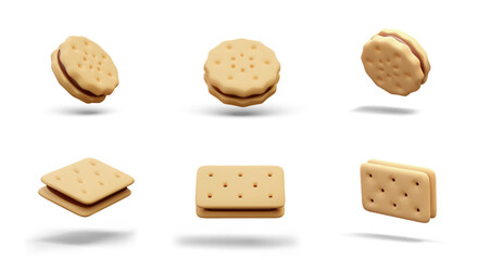 Set of sandwich cookies of different shapes. Round and rectangular cookies with filling. Isolated vector images in different positions on white background. Crispy flour snacks