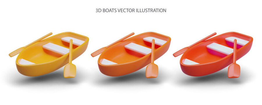 Composition with different boats in yellow, orange and red colors with oars. Ready to travel on river. Vector illustration in 3D style with shadow and place for text