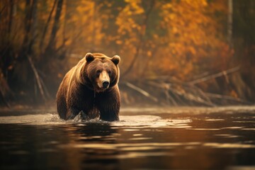 brown bear standing in a river, fleeing from a forest fire