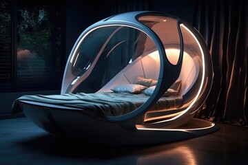 futuristic sleeping pod with integrated vr system - obrazy, fototapety, plakaty