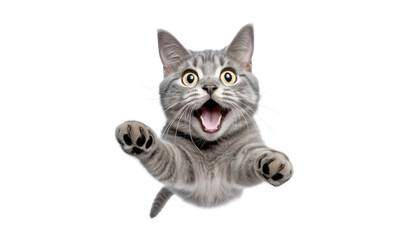 jumping grey cat isolated on transparent background cutout - obrazy, fototapety, plakaty