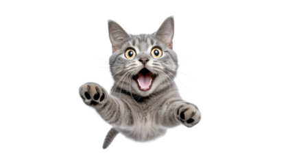 jumping grey cat isolated on transparent background cutout
