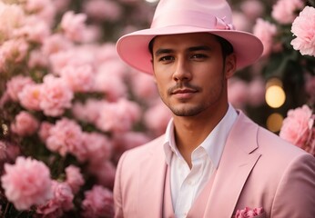 Men wearing fashion soft pink costume and hat, flower on the background