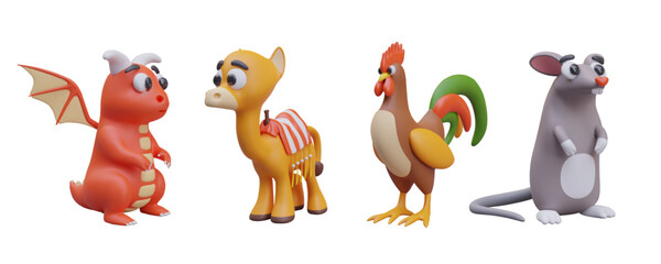 Collection with red dragon with wings, yellow camel, rooster and small rat. Set with different animals on white background. Vector illustration in 3d style