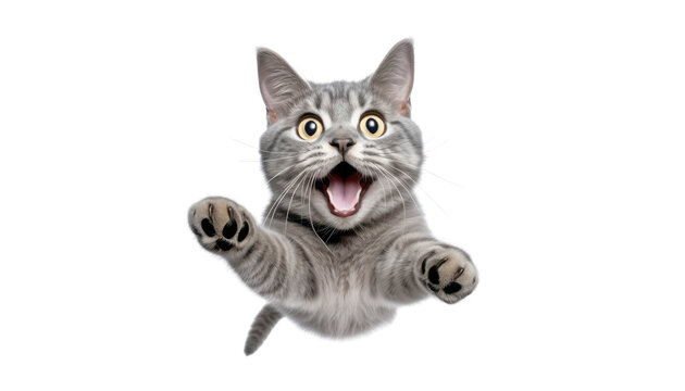 jumping grey cat isolated on transparent background cutout