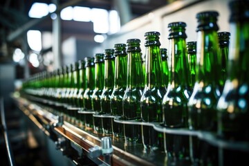 macro shot of beer bottles being labeled on production line - obrazy, fototapety, plakaty
