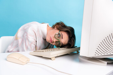 Portrait of sad exhausted corporate agent lady lean head old pc keyboard workplace desktop isolated...