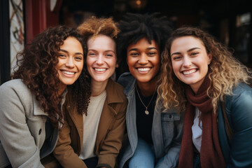Obraz premium A group of friends with diverse ethnicities, laughing together, symbolizing friendship and multicultural unity. Concept of diversity and friendship. Generative Ai.