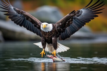 a bald eagle clutching a salmon in its talons mid-air