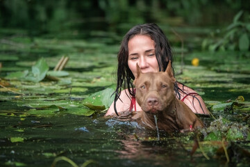 A young beautiful dark-haired girl bathes in a pond with a pit bull terrier dog.
