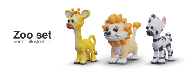Obraz na płótnie Canvas Concept of zoo collection. Realistic African giraffe, cute lion, and zebra. Cartoon animal toys for farm online game. Vector illustration in 3D style with place for text