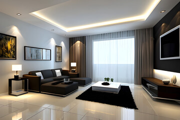 Living room interior with black sofa