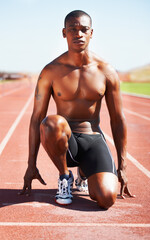 Man, runner and starting line for sprint, ready and sport or marathon, olympics and race or...