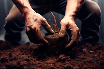Close-up of hands caring for fertile soil - obrazy, fototapety, plakaty