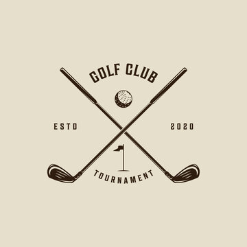 golf club logo vintage vector illustration template icon graphic design. ball and stick of sport sign or symbol for tournament or club with flag and typography retro style