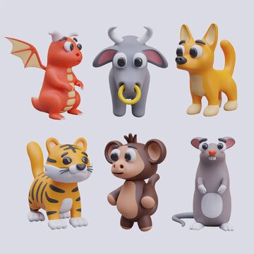 Vector dragon, bull, dog, tiger, monkey, rat. Symbols of Chinese horoscope. New year zodiac symbols. Funny figures of animals. Set of isolated models. Colored creatures
