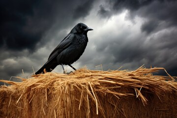 black raven perched on a hay bale under stormy skies - obrazy, fototapety, plakaty