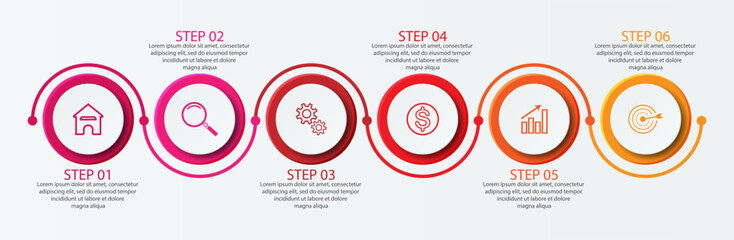 Simple infographic 6 parts or options, simple design with interrelated circles and lines with colorful colors, icons, text and numbers, for presentations, flow diagrams and your business - obrazy, fototapety, plakaty