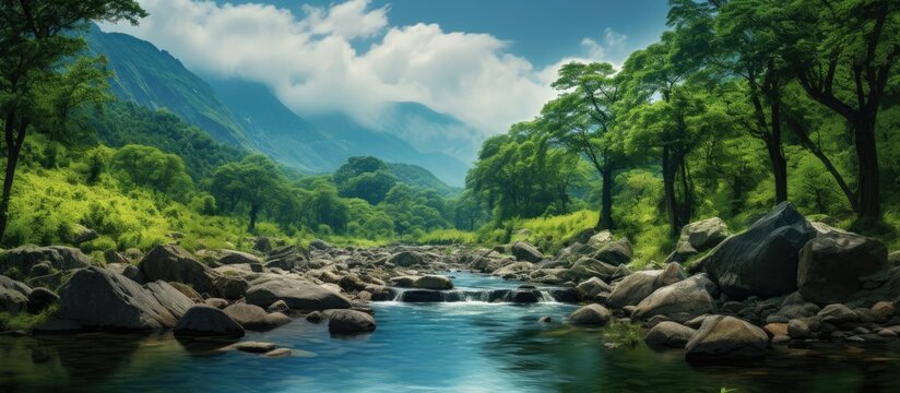 mesmerizing summer landscape of India, a white cloud decorates the sky, as light pierces through the lush green forest, reflecting on the crystal-clear water of a serene mountain stream, creating a