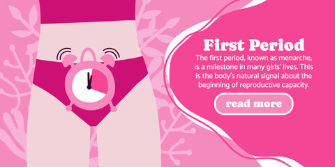 Banner for the site about the first menstruation, menarche. PMS, menstruation, teenagers. Vector illustration in flat style.