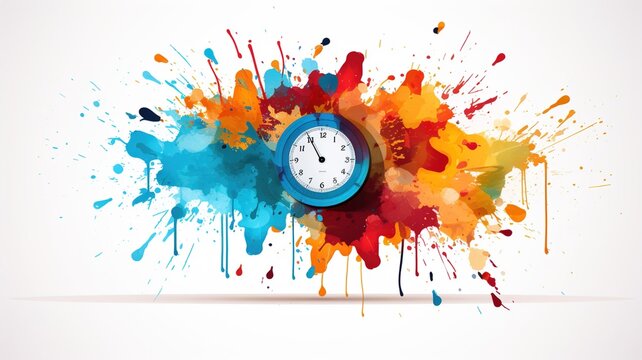 Abstract art composition, stain with many colors on white background with clock elements