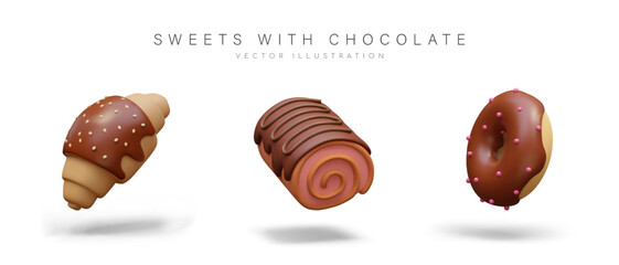 Sweet pastries with chocolate. Realistic croissant, Swiss roll, donut with chocolate topping and filling. Aromatic decorated desserts. Set of isolated vector objects