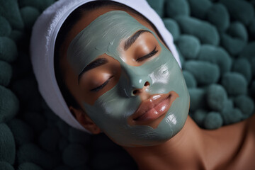Beautiful woman having a facial cosmetic mask and enjoying serene ambiance at wellness spa salon