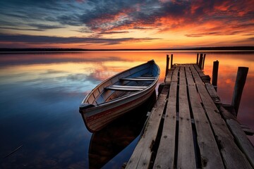 Fototapeta premium a single wooden rowboat tied to a weathered pier at sunset