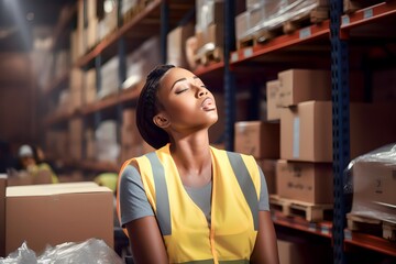 Stressed tired female staff worker sweating from hot weather in summer, working in a warehouse