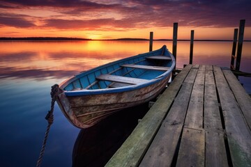 a single wooden rowboat tied to a weathered pier at sunset