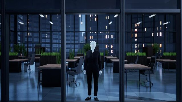 A robot humanoid staying in the empty office and looking out the window at the big city. future technology concept