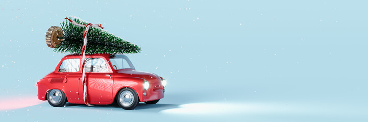 Red old car toy with Christmas decorative pine tree on the roof. Christmas is coming concept on light blue background with copy space. 3D Rendering, 3D Illustration