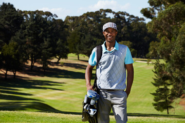 Smile, sports and portrait of man golfer with positive, good and confident attitude on field....