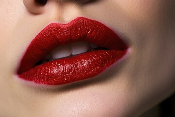 macro shot of a womans lips with a vibrant red lipstick
