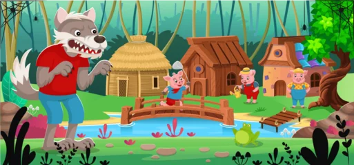 Foto op Plexiglas Scene from the fairy tale The Three Little Pigs. Three little pigs stand near their houses made of stone, straw, wood, and an angry, hungry wolf walks nearby. Funny cartoon characters. © NADEZHDA